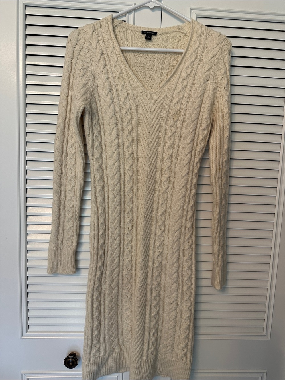 Ann Taylor Cream Cable-Knit V-Neck Sweater Dress